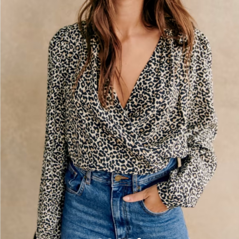 Sezane Leopard Print Wrap Blouse in Black and Cream